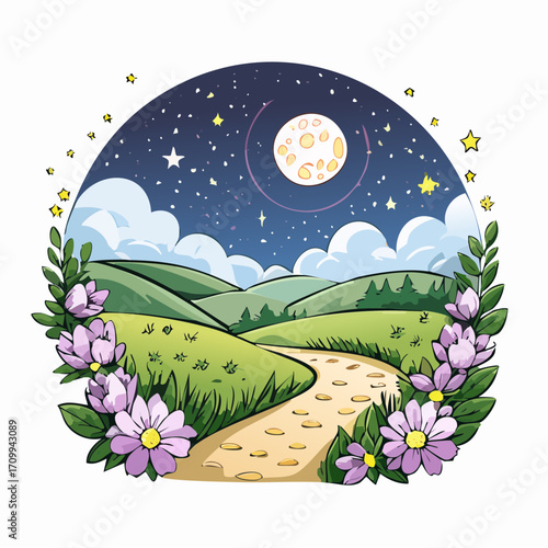 Whimsical Night Landscape with Path, Moon and Flowers
