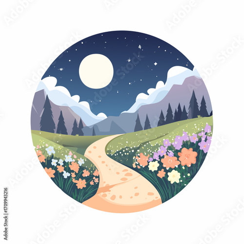 Whimsical Night Landscape with Path, Moon and Flowers