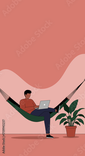 Man working remotely from a comfortable hammock with a laptop, embodying a relaxed, flexible work-life balance and digital nomad lifestyle.