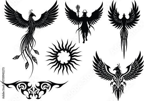 Phoenix tattoo vector set, tribal bird silhouette, mythical firebird design, winged warrior, sun symbol and abstract flame illustration