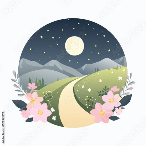Whimsical Night Landscape with Path, Moon and Flowers