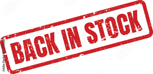 A red rectangular stamp announces Back In Stock in a grunge style