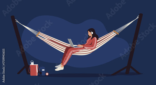 Young African American man casually works or studies on a laptop from the comfort of a bean bag chair. Ideal for remote work, online learning, or digital lifestyle.