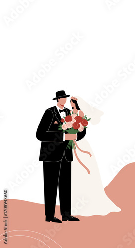 A minimalist illustration shows a newlywed couple, groom in a suit and hat, embracing his bride holding a red bouquet, celebrating their wedding day.