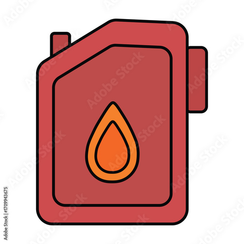 Fuel Can Illustration: A stylized illustration of a fuel container, representing energy, petrol or gasoline, with a prominent flame symbol inside the fuel level indicator.