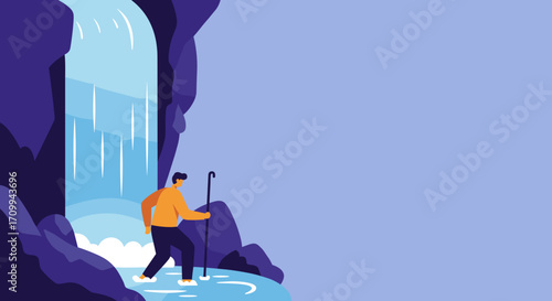 An adventurous man with a walking stick explores a vibrant waterfall and rocky cave, symbolizing a journey of discovery and overcoming challenges in nature.