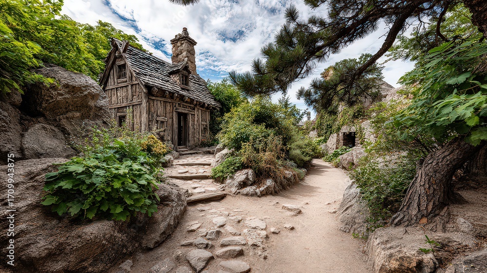 Fototapeta premium Charming rustic cottage nestled among lush greenery and rocky terrain, inviting exploration along a peaceful pathway, Ideal for nature, travel, or architecture projects,