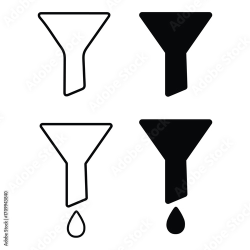Funnel Collection: A meticulously crafted ensemble of funnel icons, featuring various styles that are suitable for showcasing filtering, refinement, or information processing concepts.