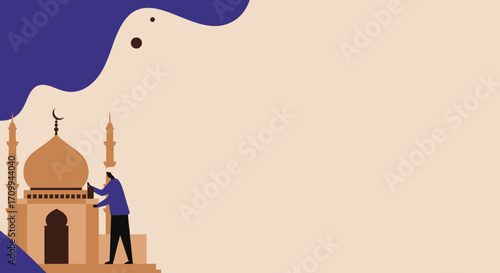 Stylized illustration of a Muslim man standing by a mosque, symbolizing faith, prayer, and cultural traditions. Ideal for Islamic holidays and community themes.
