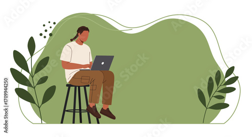 Person working remotely on a laptop in a relaxed, nature-inspired setting, ideal for modern business, education, and lifestyle content.