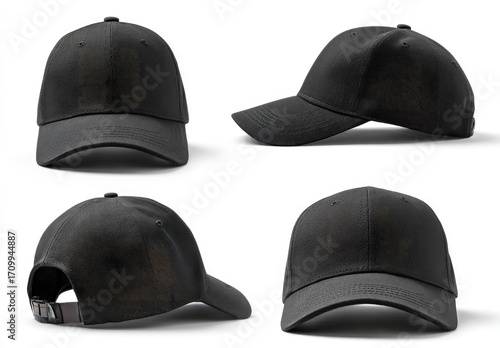Four views of a blank black baseball cap