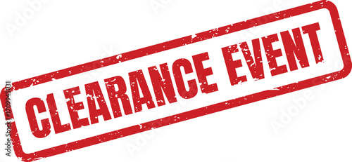 A red rubber stamp announces a Clearance Event with a grunge texture