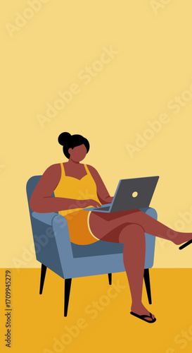 Woman working remotely on her laptop from a cozy armchair. Ideal for concepts of work-life balance, comfort, and digital lifestyle.