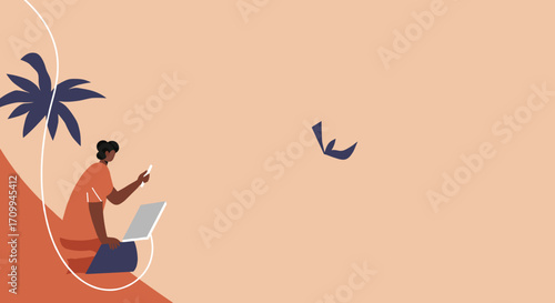 An illustration of a person with a walking stick exploring a serene cave with a beautiful waterfall. Represents journey, discovery, and tranquility.