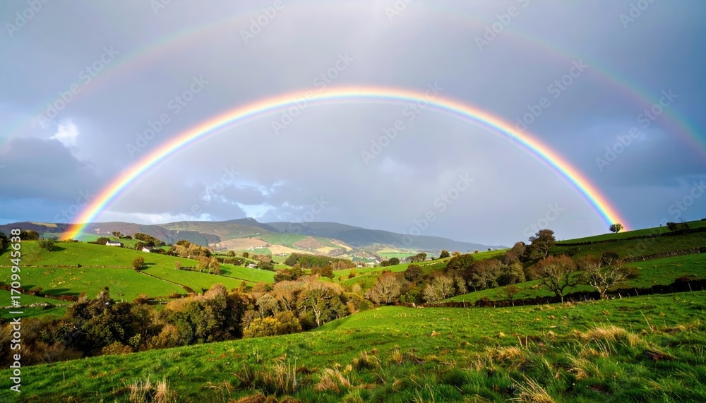 Fototapeta premium Vibrant Double Rainbow Arc Over Rolling Green Hills Under Cloudy Sky Atmospheric Optics Phenomenon