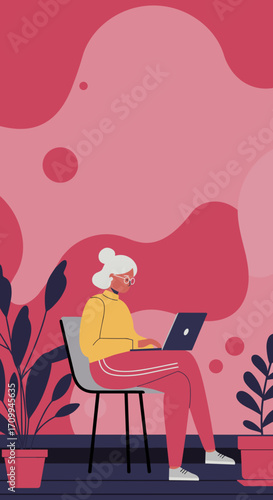 A woman comfortably works on her laptop, embodying remote productivity and modern freelance lifestyle in a relaxed setting.