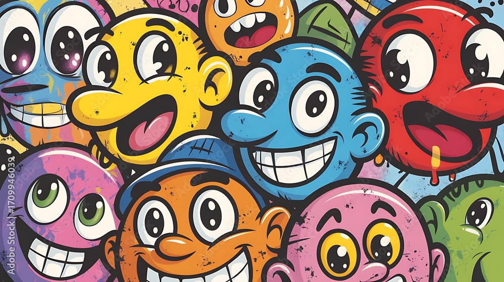 Fototapeta premium Colorful Cartoon Characters Packed Together Smiling with Big Eyes and Teeth Full Frame Art Print