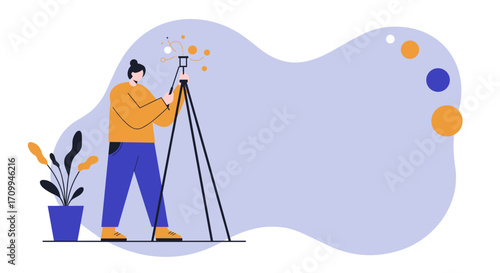 A modern flat illustration depicts a dedicated professional meticulously operating advanced surveying equipment on a tripod for precise measurement tasks.