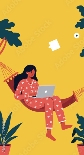 This vibrant illustration captures a serene woman in heart-patterned pajamas diligently working on her laptop from a comfortable hammock, surrounded by potted plants.