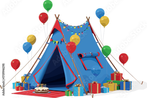 Blue teepee tent decorated with balloons and gifts for a birthday party celebration