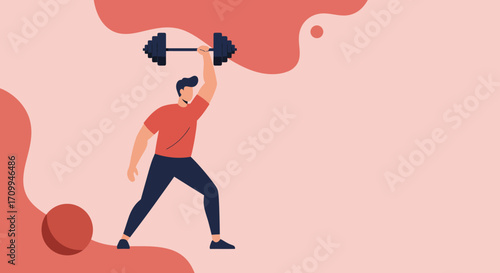 Motivated man lifting a heavy barbell overhead, symbolizing strength, dedication, and personal achievement in fitness and health. Wellness lifestyle concept.
