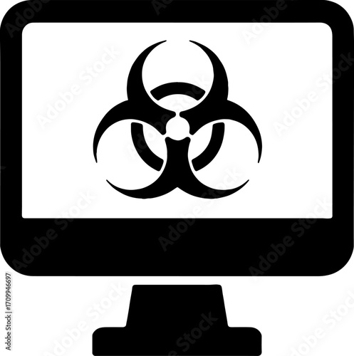 Computer Screen with Biohazard Virus Symbol - Cyber Attack Silhouette vector with white background 