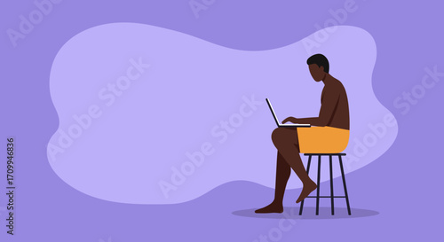 A focused young Black man works diligently on his laptop while sitting comfortably on a stool, with ample copy space for custom text or graphics.