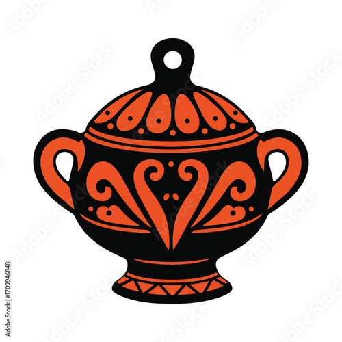 Ancient Greek Black and Orange Ceramic Urn with Lid