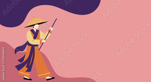 Solo traveler with a backpack and walking stick exploring a historic European city, possibly on a pilgrimage. Ideal for travel, cultural journeys, and adventure concepts.