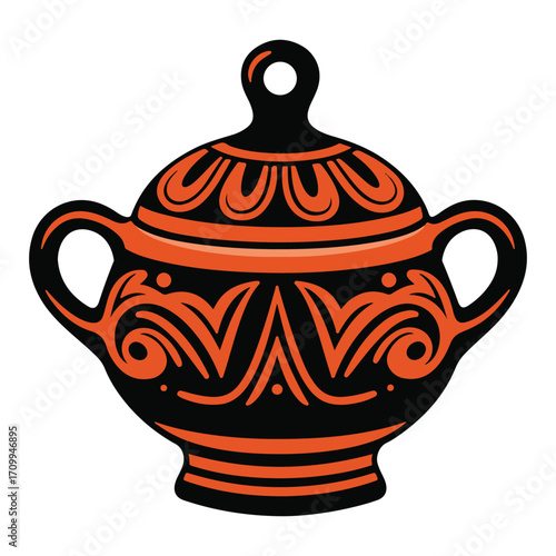 Ancient Greek Style Black And Orange Urn With Lid vase