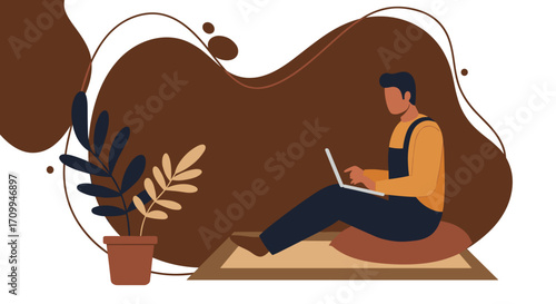 Casual man using a digital tablet outdoors, symbolizing remote work, online learning, or digital nomad lifestyle. Modern illustration with copy space.