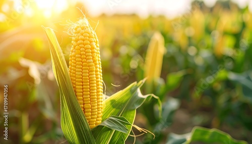 Sunlit Golden Corn on the Cob Growing in a Field with Agriculture Harvest.