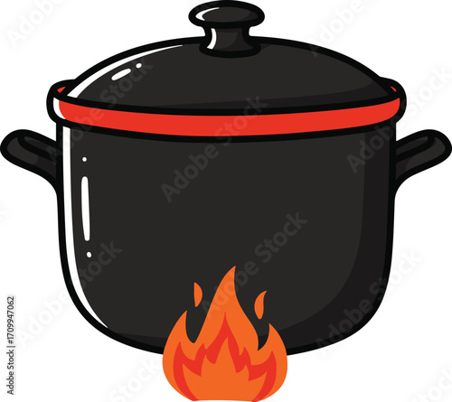 Black Cooking Pot with Red Band and Flames on White Background