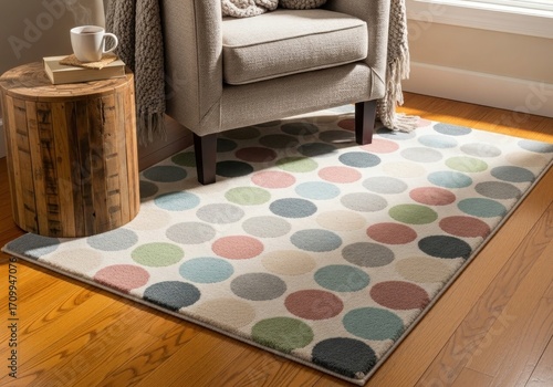 Interior scene of a patterned rug under an armchair, with a side table holding a mug and book. Natural light brightens the space