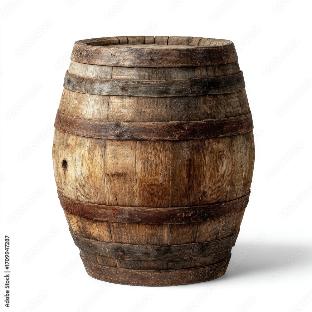 Fototapeta premium Wooden barrel, weathered and aged, standing upright, isolated on white background. Features multiple horizontal bands of wood, with varying shades of brown and gray
