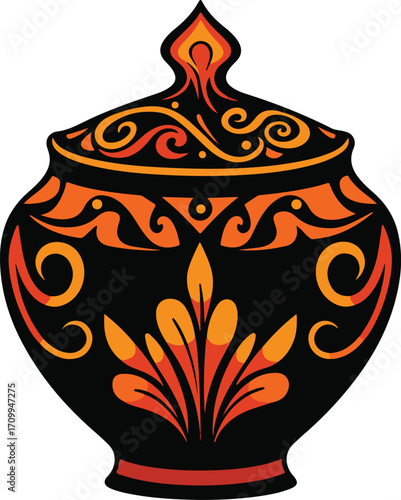 Black pot with ornate orange and red folk art design