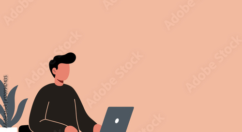 Flat design illustration of a man working on a laptop at a desk with a plant and coffee. Ideal for remote work, business, or education concepts.