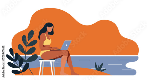 Young woman casually uses a digital tablet in a relaxed setting, blending modern technology with a calm, flexible lifestyle. Ideal for remote work, education, or leisure concepts.