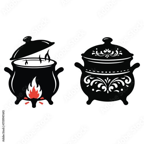 Two black pots one on fire and one decorated cauldron