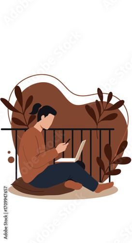 Person working remotely on a cozy balcony or patio with a laptop and smartphone, embodying modern flexible work and digital connectivity.