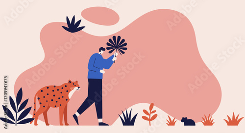 Man and cheetah explore a vibrant, stylized jungle, highlighting nature, adventure, and companionship. Ideal for environmental, travel, or wildlife concepts.