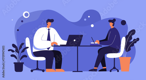 Professional businessman illustration working on laptop, representing modern communication, digital business, and corporate efficiency against a clean background.