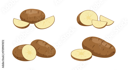 Illustration of whole and sliced potatoes with varying shapes and arrangements