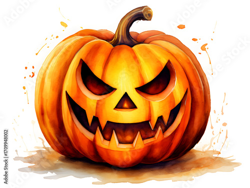 Watercolor illustration of a scary halloween pumpkin on white background 
