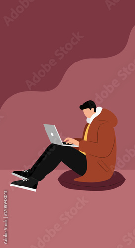 Person sitting comfortably on a cushion, focused on a laptop. Represents remote work, online learning, freelance, or modern digital lifestyle.