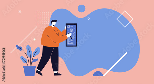 Stylized person analyzing digital interface on a tablet. Concept of UI/UX design, app development, and online problem-solving. Ideal for technology and business.