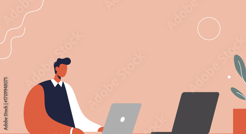 A focused person simultaneously uses a laptop and smartphone in a modern setting, embodying productivity and digital connectivity. Ideal for remote work, education, and lifestyle themes.