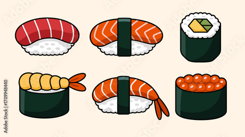 Assorted Japanese Sushi Set – Nigiri, Maki, Shrimp, Salmon, Tuna, and Roe Illustration