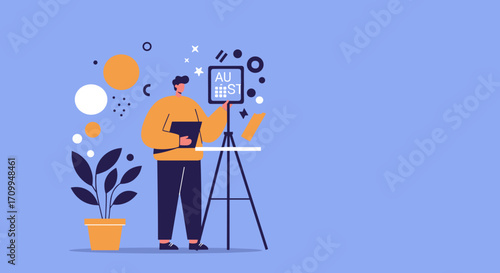A creative professional meticulously sets up a camera on a tripod for a live stream or digital content creation, depicted in a modern flat illustration.
