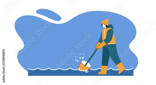 Illustrative depiction of a surveyor setting up equipment. Represents engineering, construction, and precise measurement work.